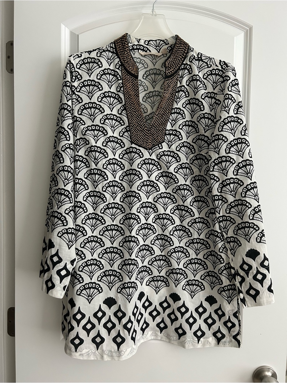 Soft Surroundings Black and White Indian Cotton Block Print V-Neck Tunic